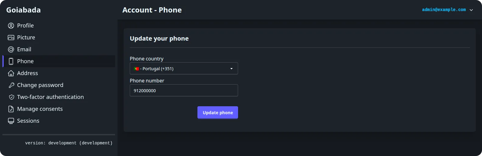 The admin console’s account pages, where a user updates their phone number