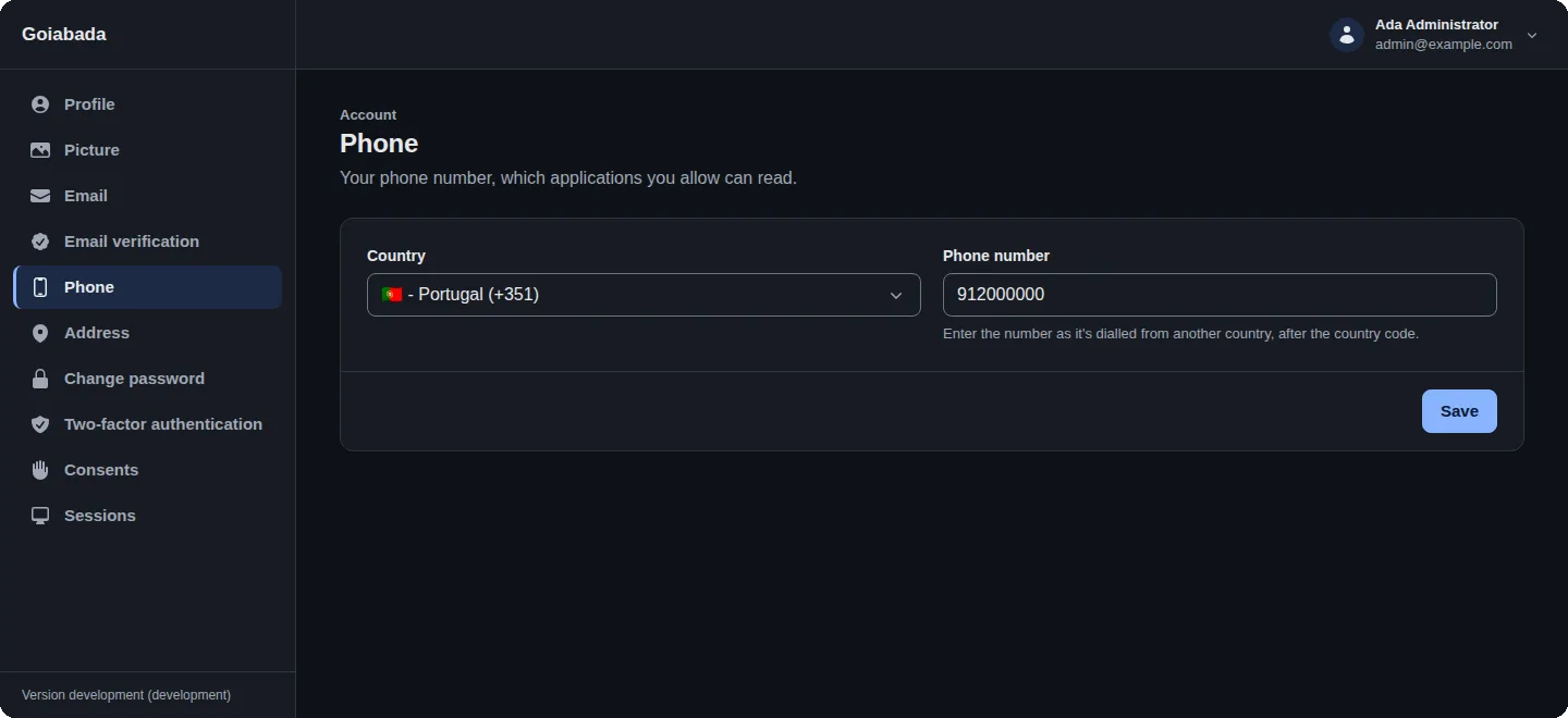 The admin console’s account pages, where a user updates their phone number